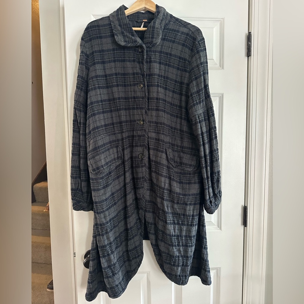 Free people blue grey plaid flannel coat